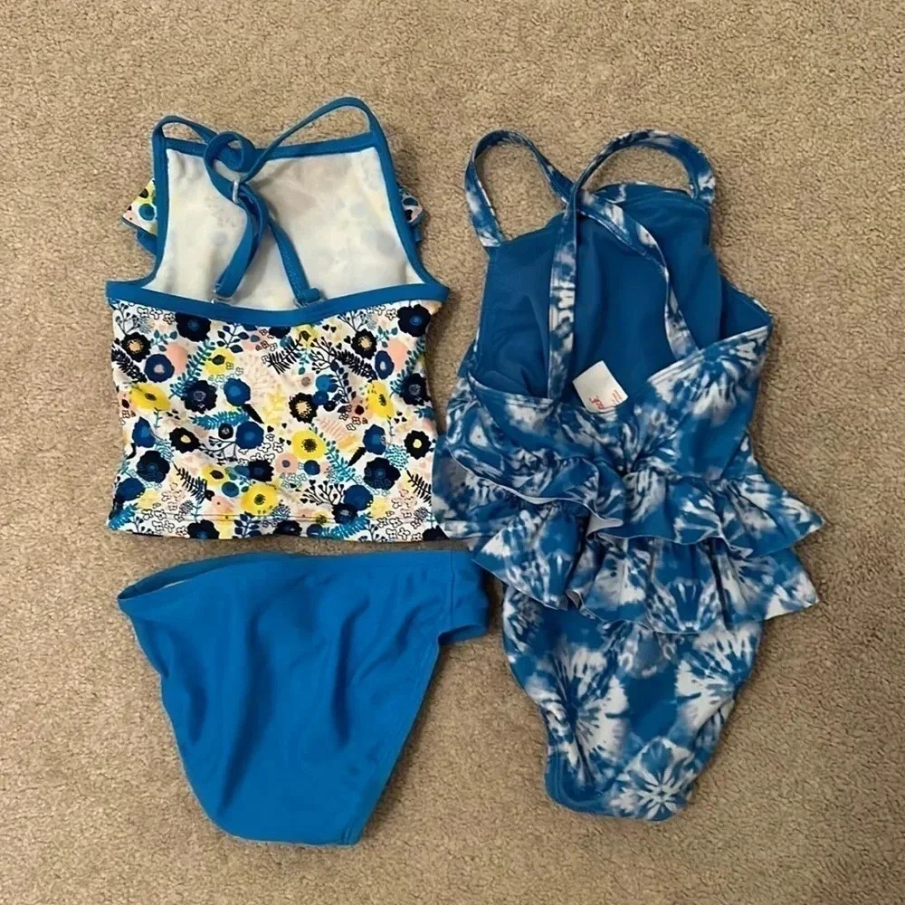 Cat &Jack bathing suits size 2T set of 2 blue yellow white one piece swimsuit